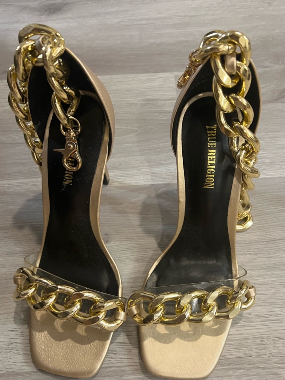 True Religion Beige Heeled Sandals with Gold Chain